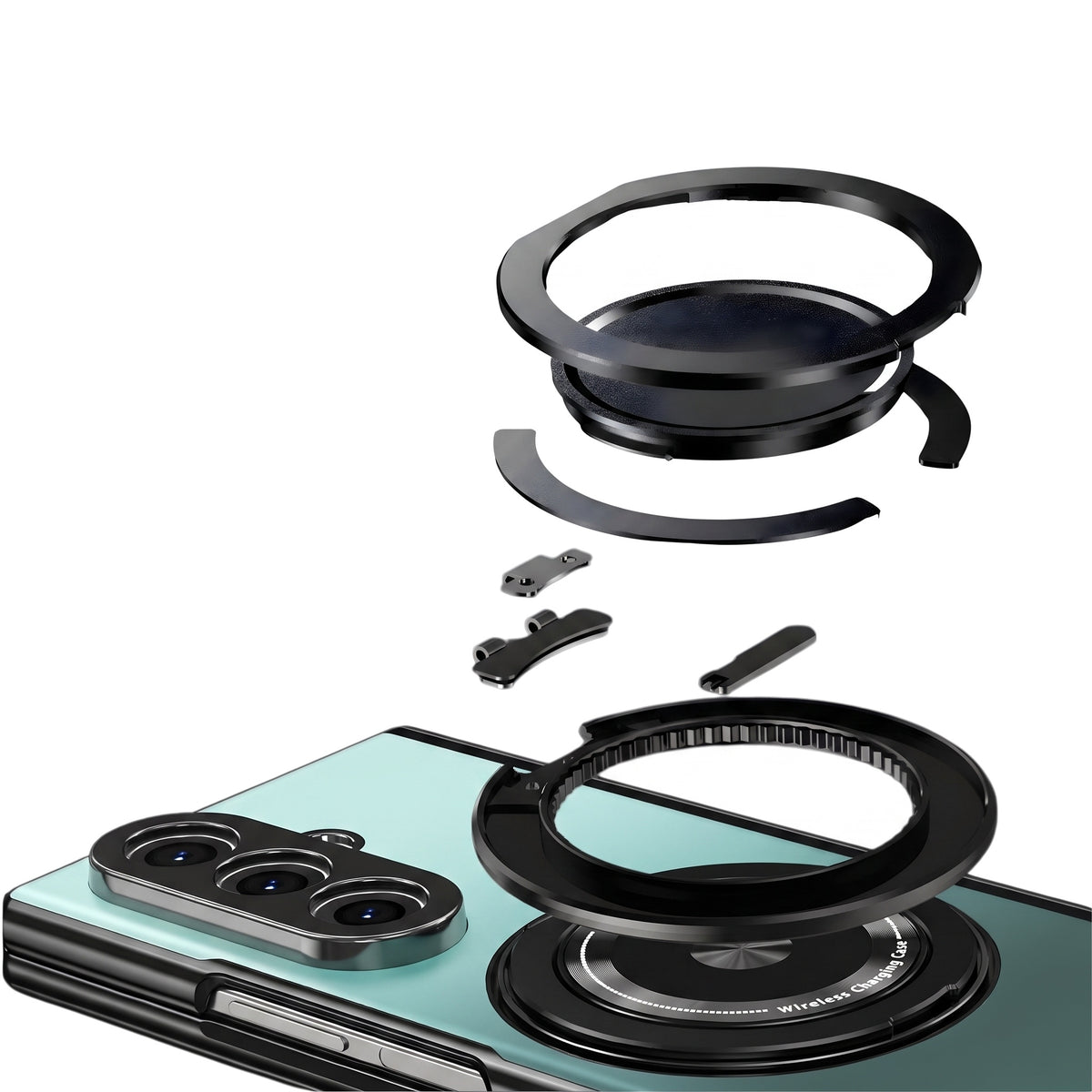 Axon M2 Galaxy Z Fold case exploded view of rotating ring assembly - Green