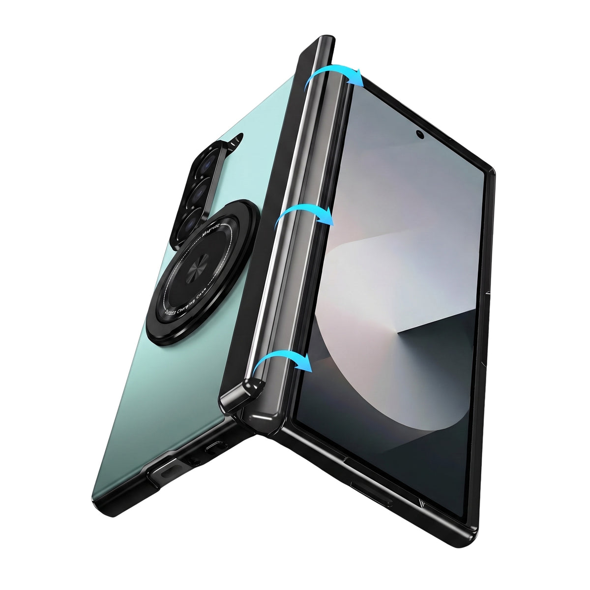 Axon M2 Galaxy Z Fold case half-open showing flexible fold movement - Green