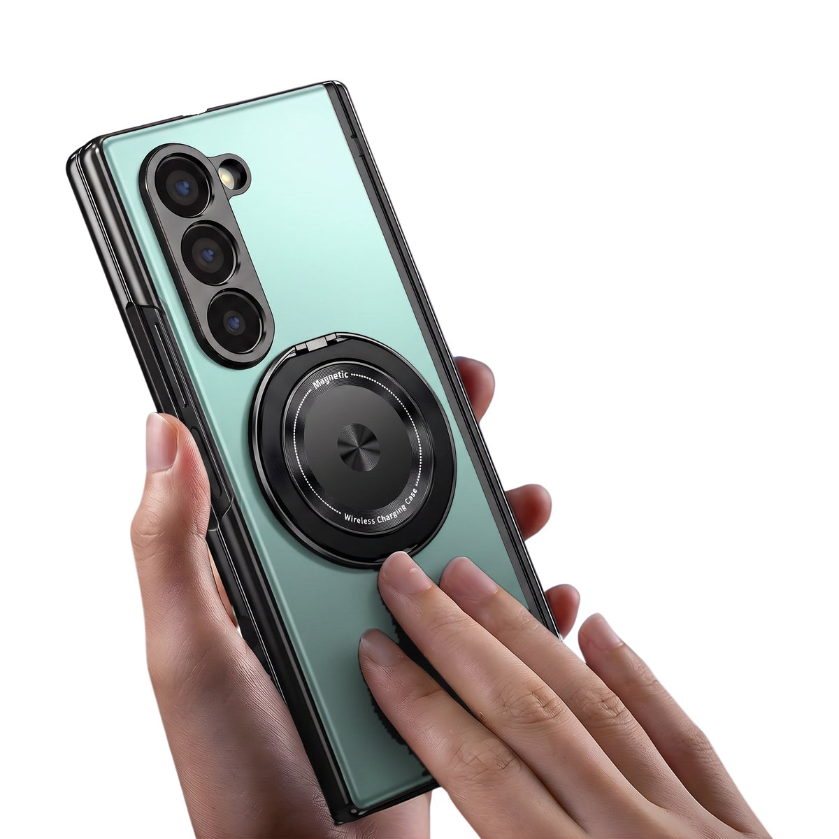 Axon M2 Galaxy Z Fold case held in hand with magnetic ring stand - Green