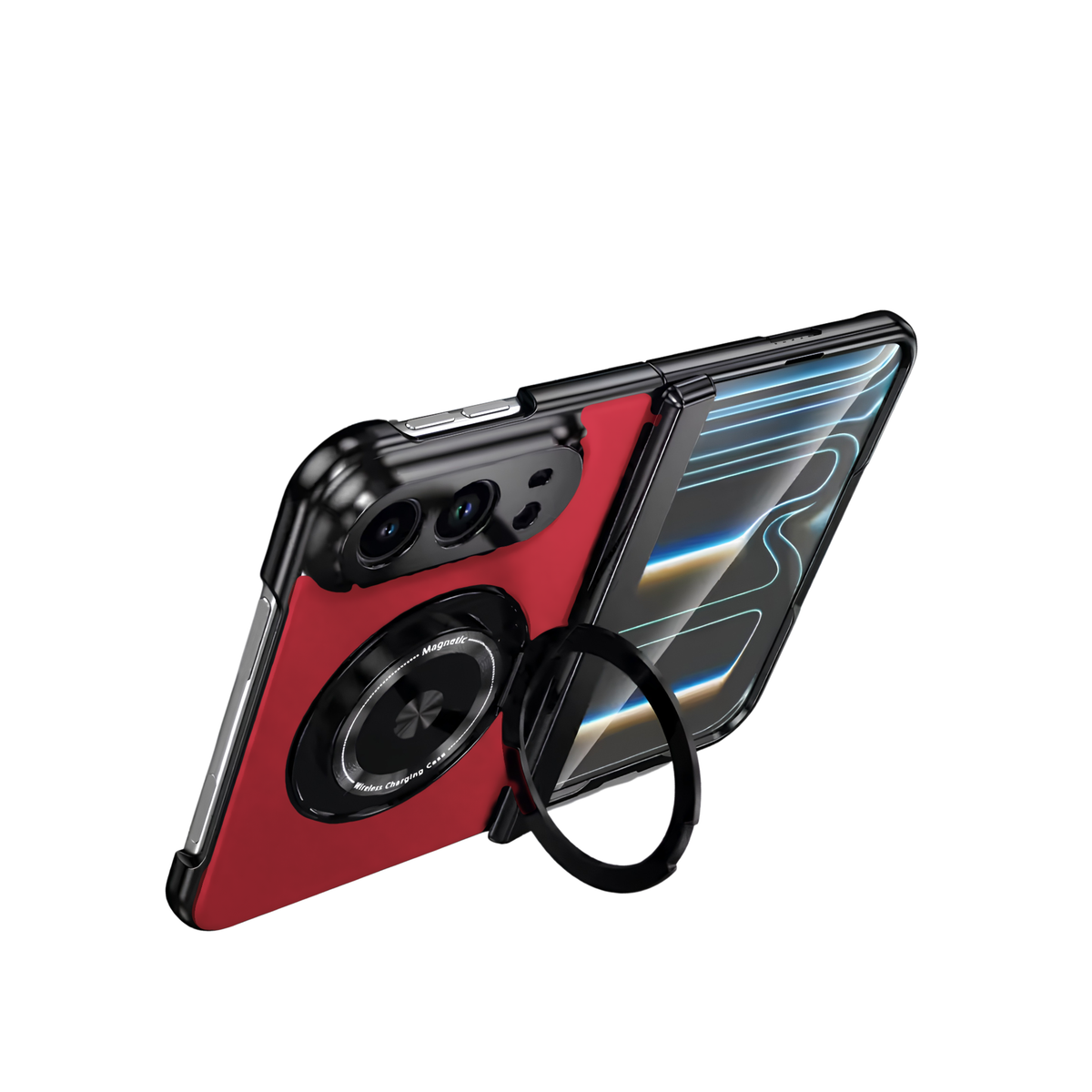 Axon M2 Red iPhone Fold case propped open on its fold-out magnetic ring stand
