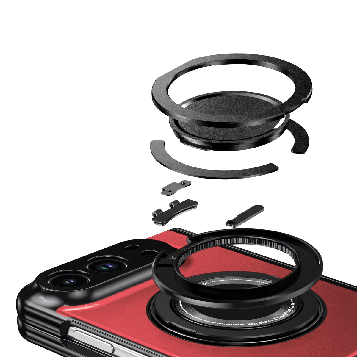 Axon M2 iPhone Fold case magnetic ring stand shown exploded into its parts above the Red back panel