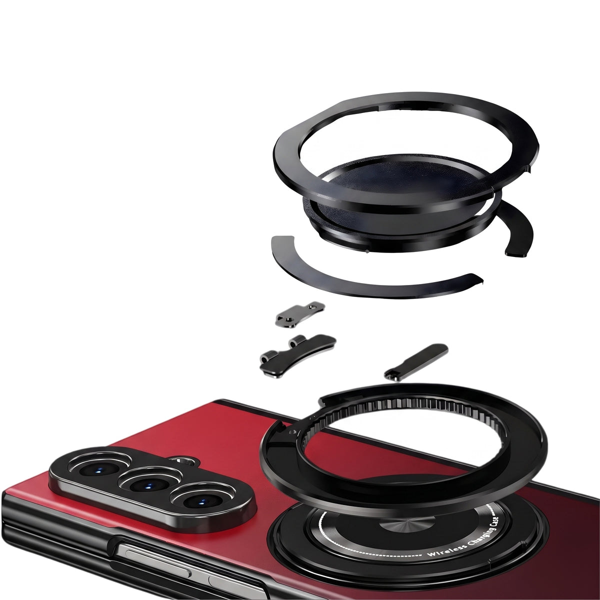 Axon M2 Galaxy Z Fold case exploded view of rotating ring assembly - Red