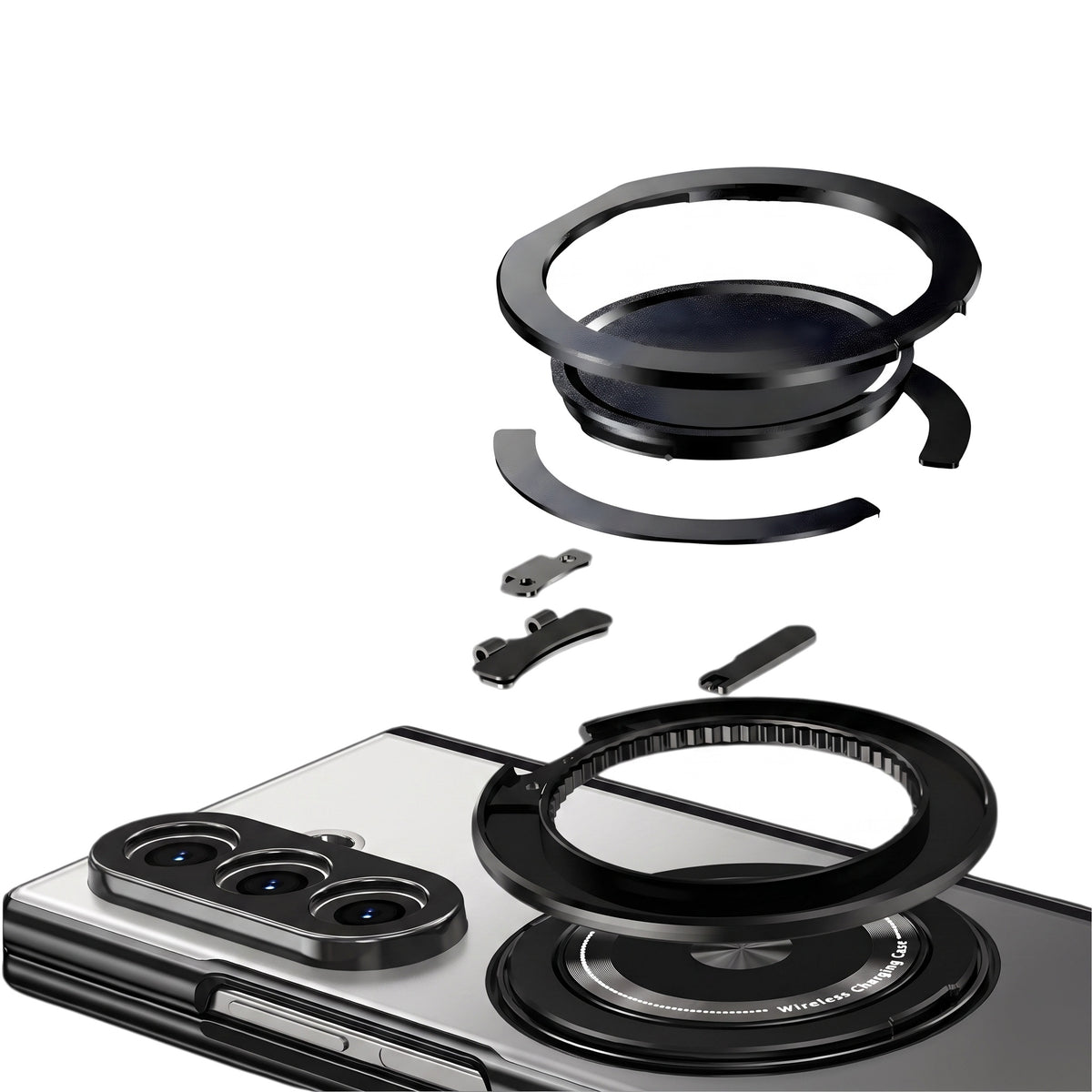 Axon M2 Galaxy Z Fold case exploded view of rotating ring assembly - Silver