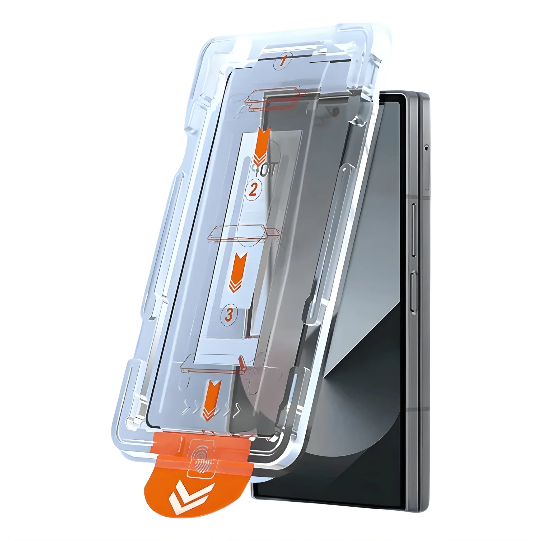 Samsung Z Fold with Ion Glass screen protector and installation tray in transparent plastic