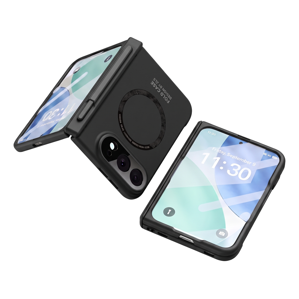 Kinetic P1 iPhone Fold case Black - open case with stylus on hinge beside closed case showing cover screen