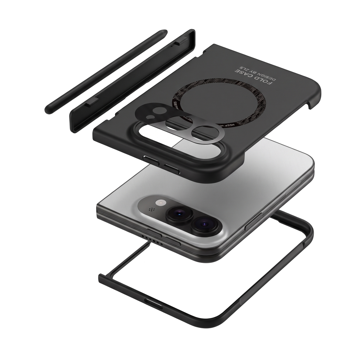 Kinetic P1 iPhone Fold case Black - exploded view: hinged cover, stylus, back cover, phone, front frame