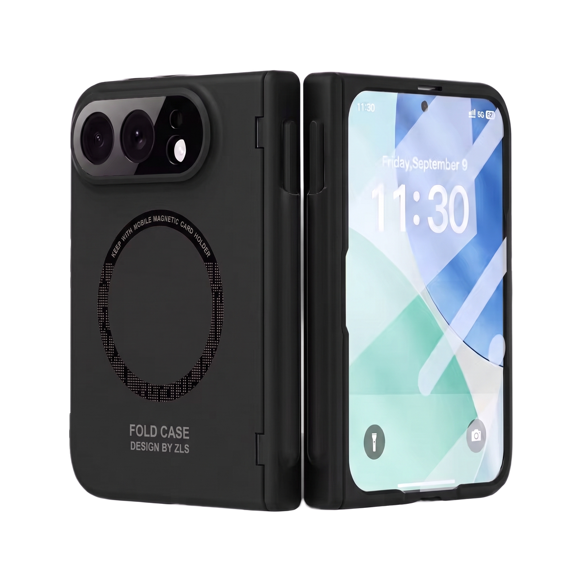 Kinetic P1 iPhone Fold case Black - MagSafe ring back and cover screen, stylus in hinge