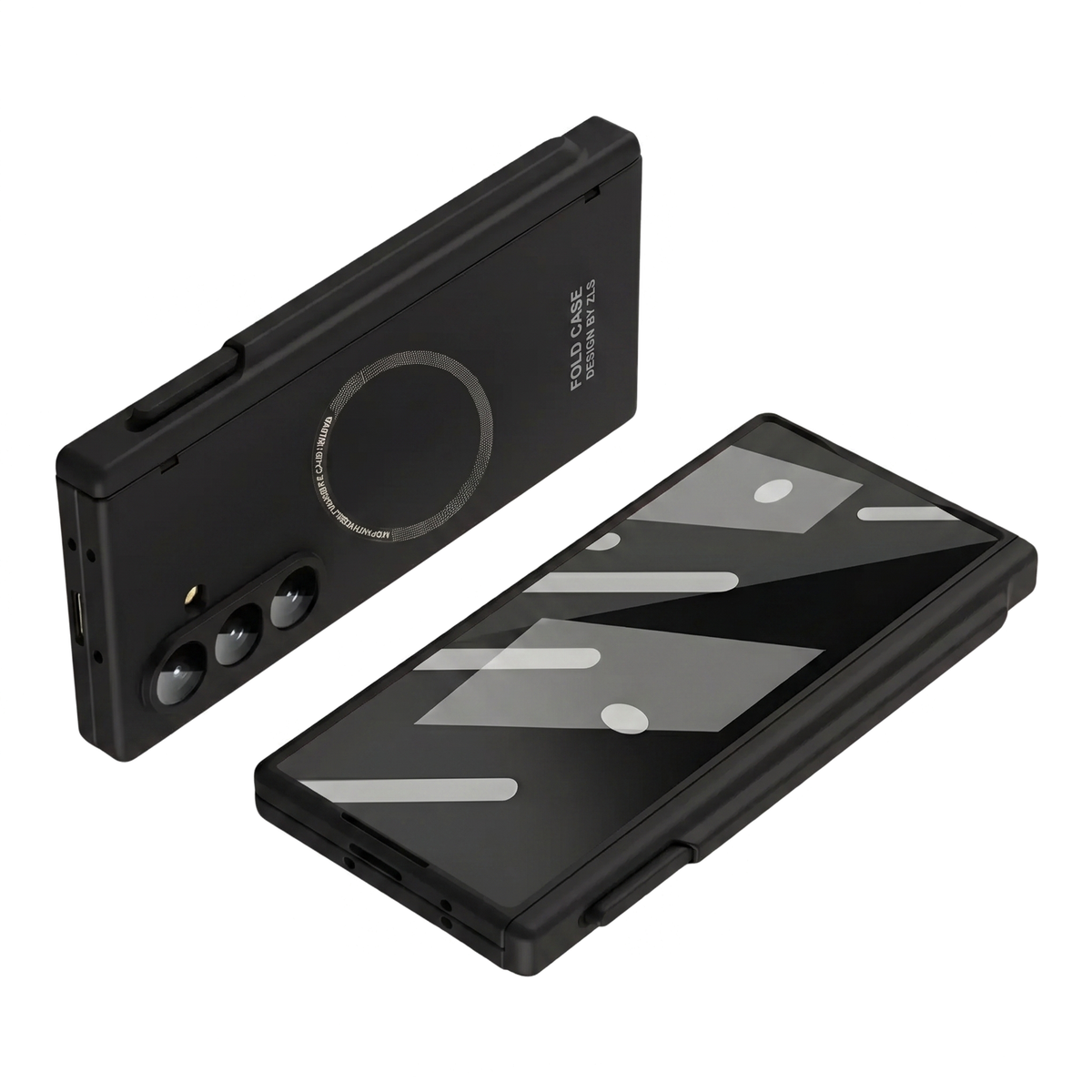 Kinetic P1 Black Z Fold S-Pen hinge case - front and back view of the folded case with MagSafe ring and S-Pen holder