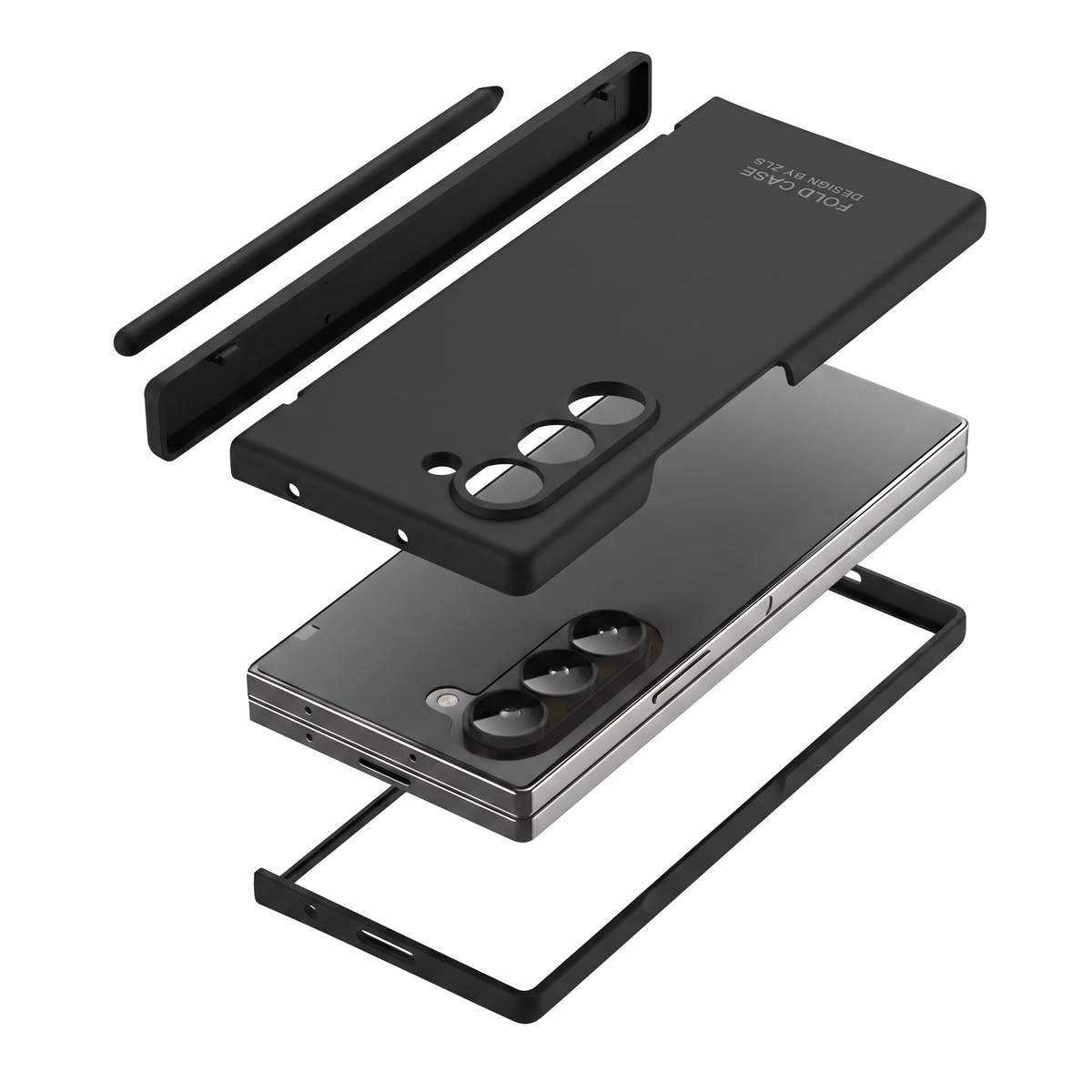 Kinetic P1 Black Z Fold S-Pen hinge case - exploded view showing back shell, hinge cover with stylus and bumper frame