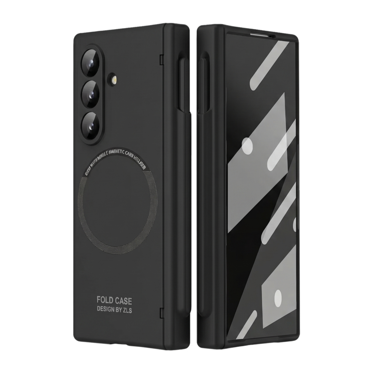 Kinetic P1 Black Z Fold S-Pen hinge case - front and back of the folded case side by side with MagSafe ring and S-Pen holder