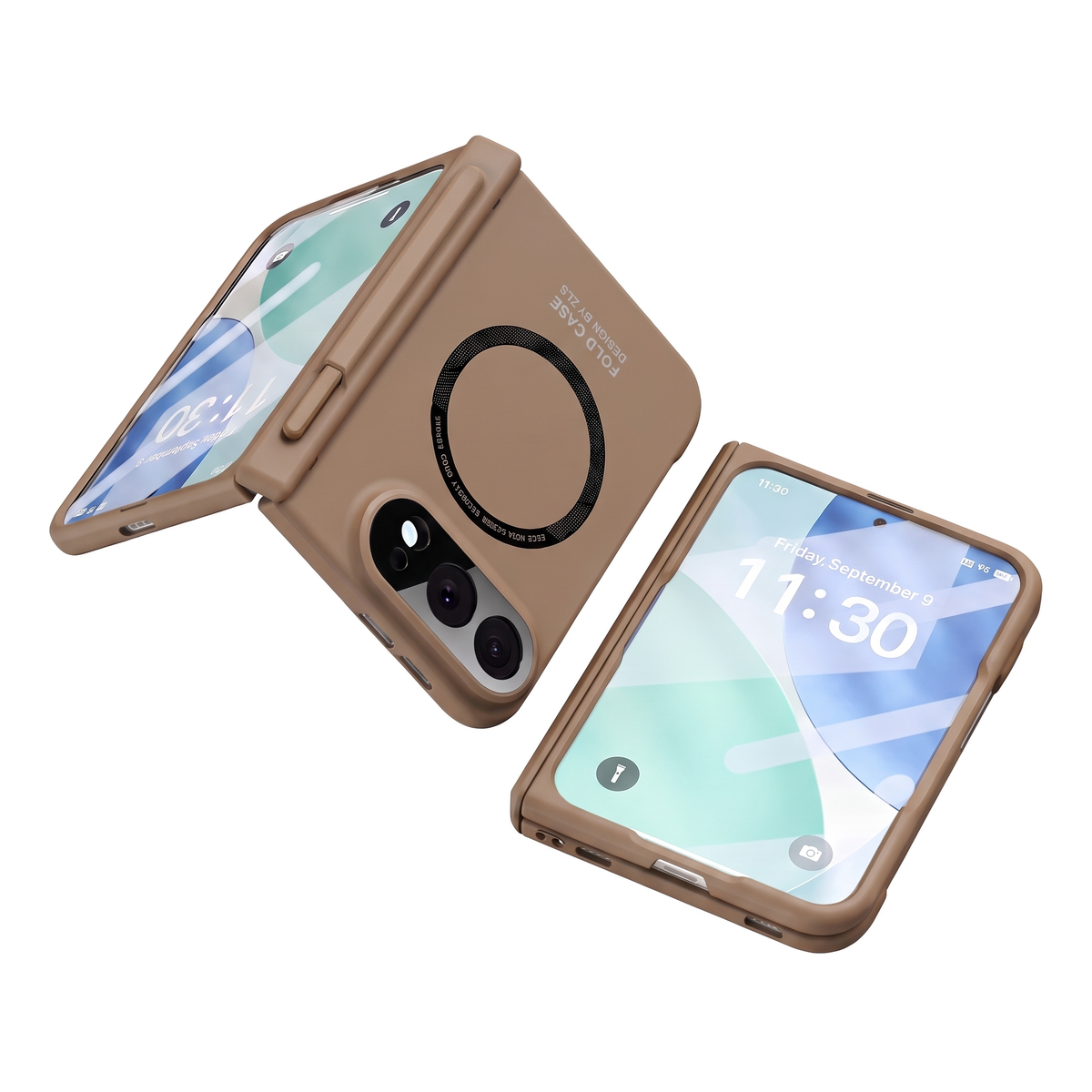 Kinetic P1 iPhone Fold case Coffee - open case with stylus on hinge beside closed case showing cover screen