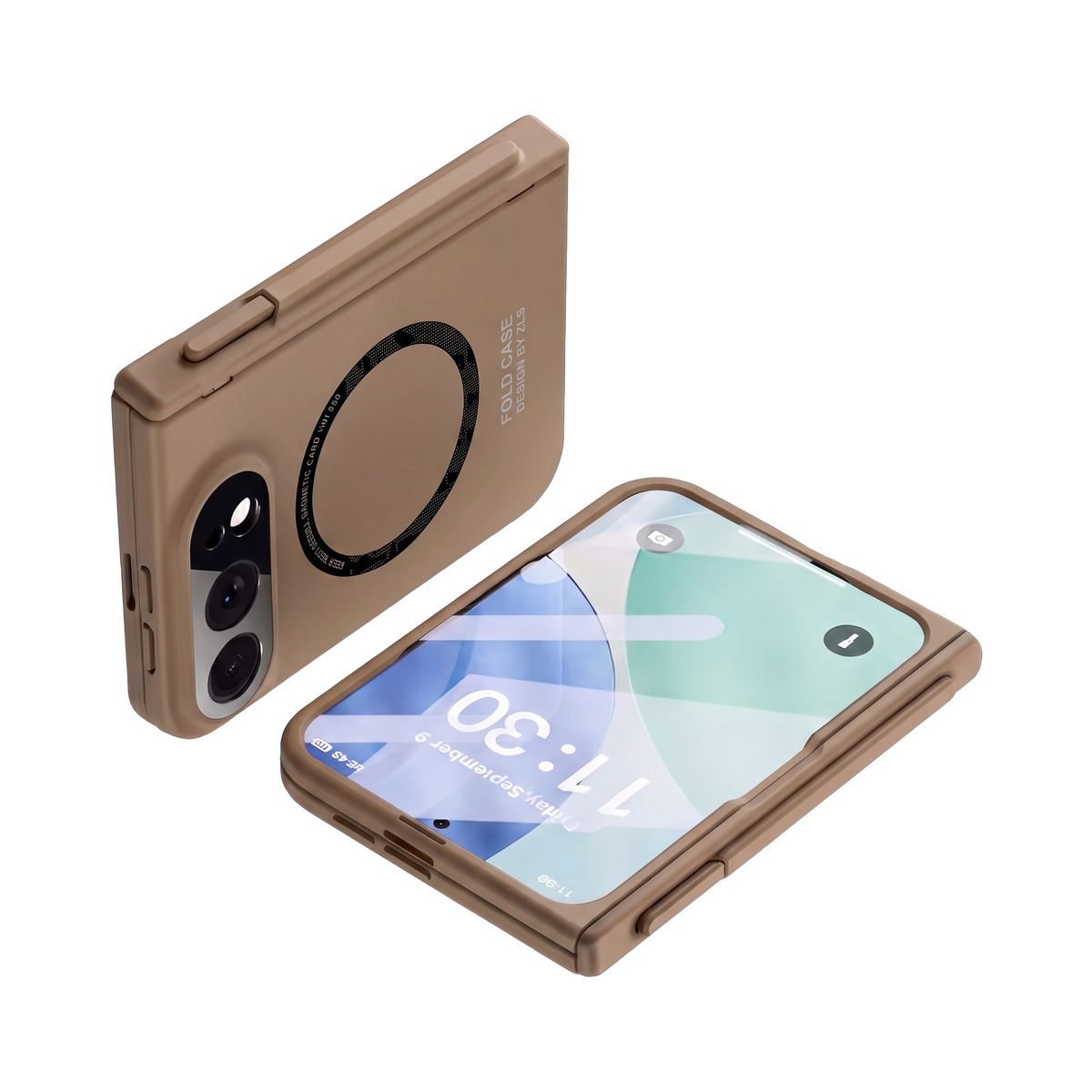 Kinetic P1 iPhone Fold case Coffee - two closed cases with stylus on hinge, back and cover screen