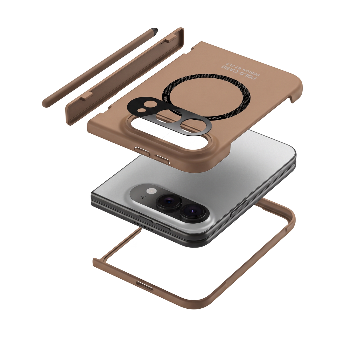 Kinetic P1 iPhone Fold case Coffee - exploded view: hinged cover, stylus, back cover, phone, front frame