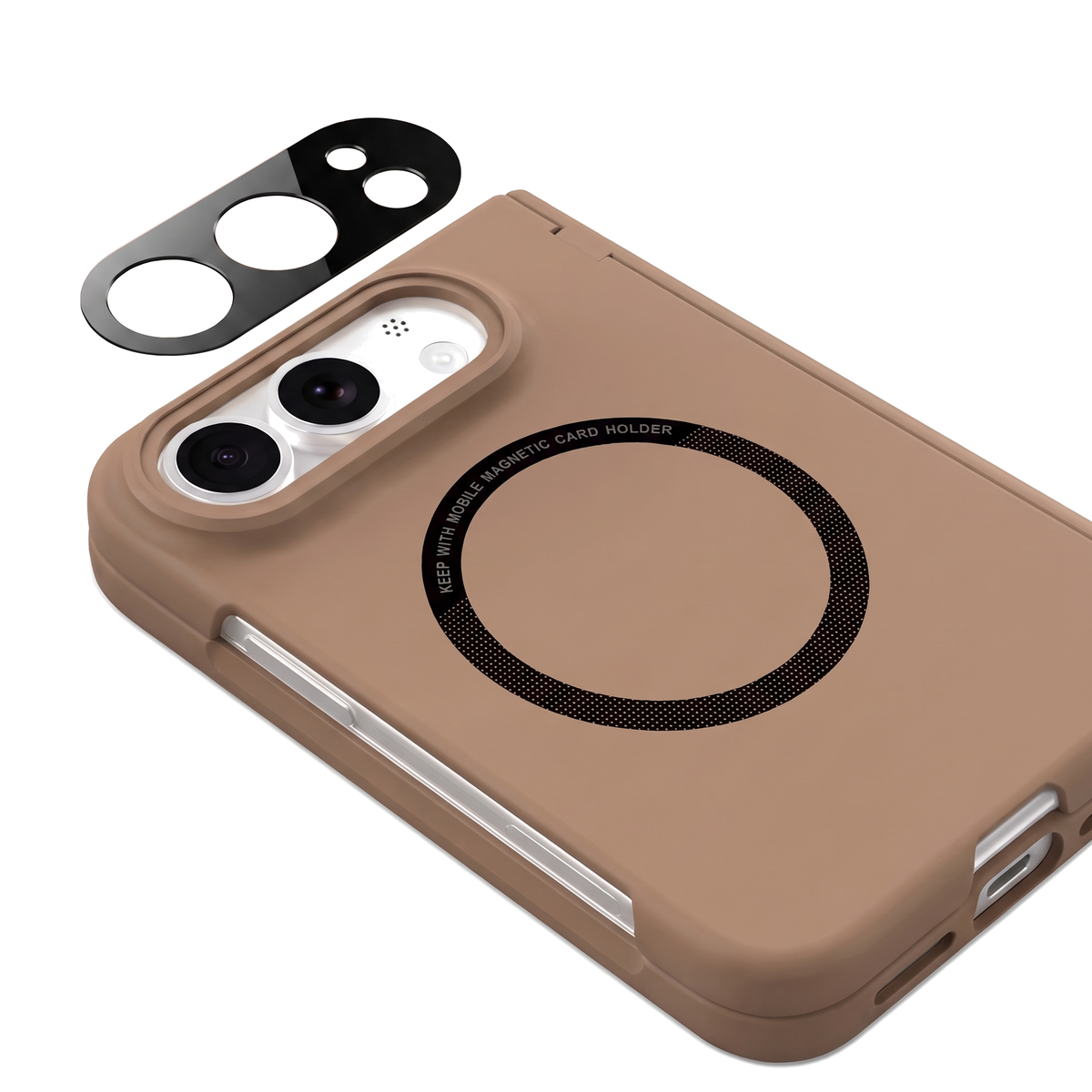 Kinetic P1 iPhone Fold case Coffee - tempered glass camera lens guard close-up