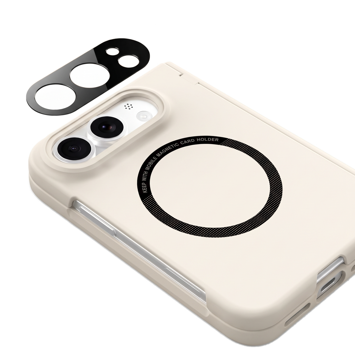 Kinetic P1 iPhone Fold case White - tempered glass camera lens guard close-up