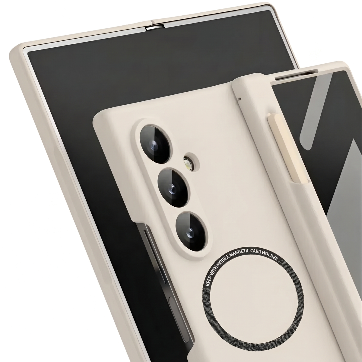 Kinetic P1 Cream Z Fold S-Pen hinge case - close-up of MagSafe ring, triple camera and S-Pen holder