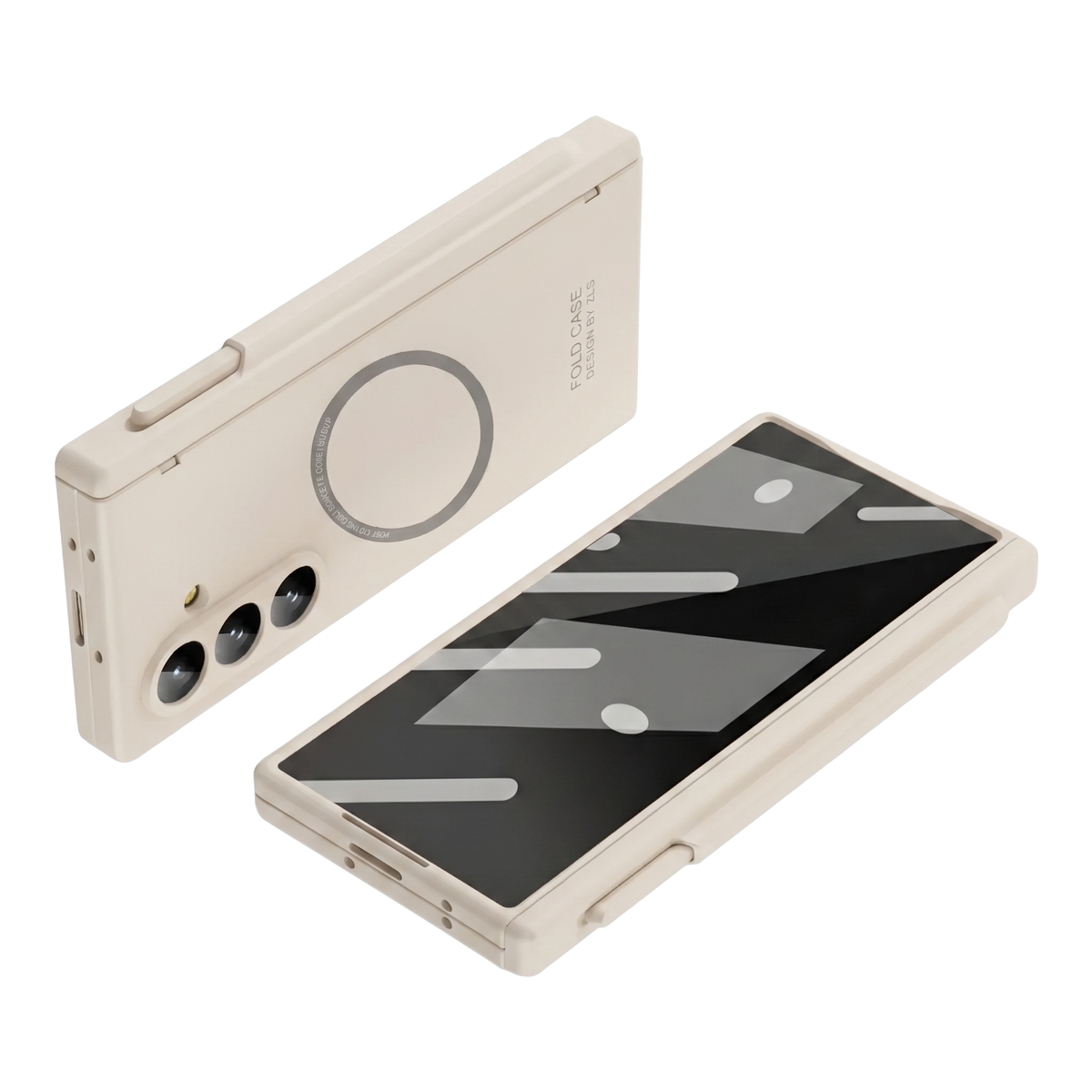 Kinetic P1 Cream Z Fold S-Pen hinge case - front and back view of the folded case with MagSafe ring and S-Pen holder