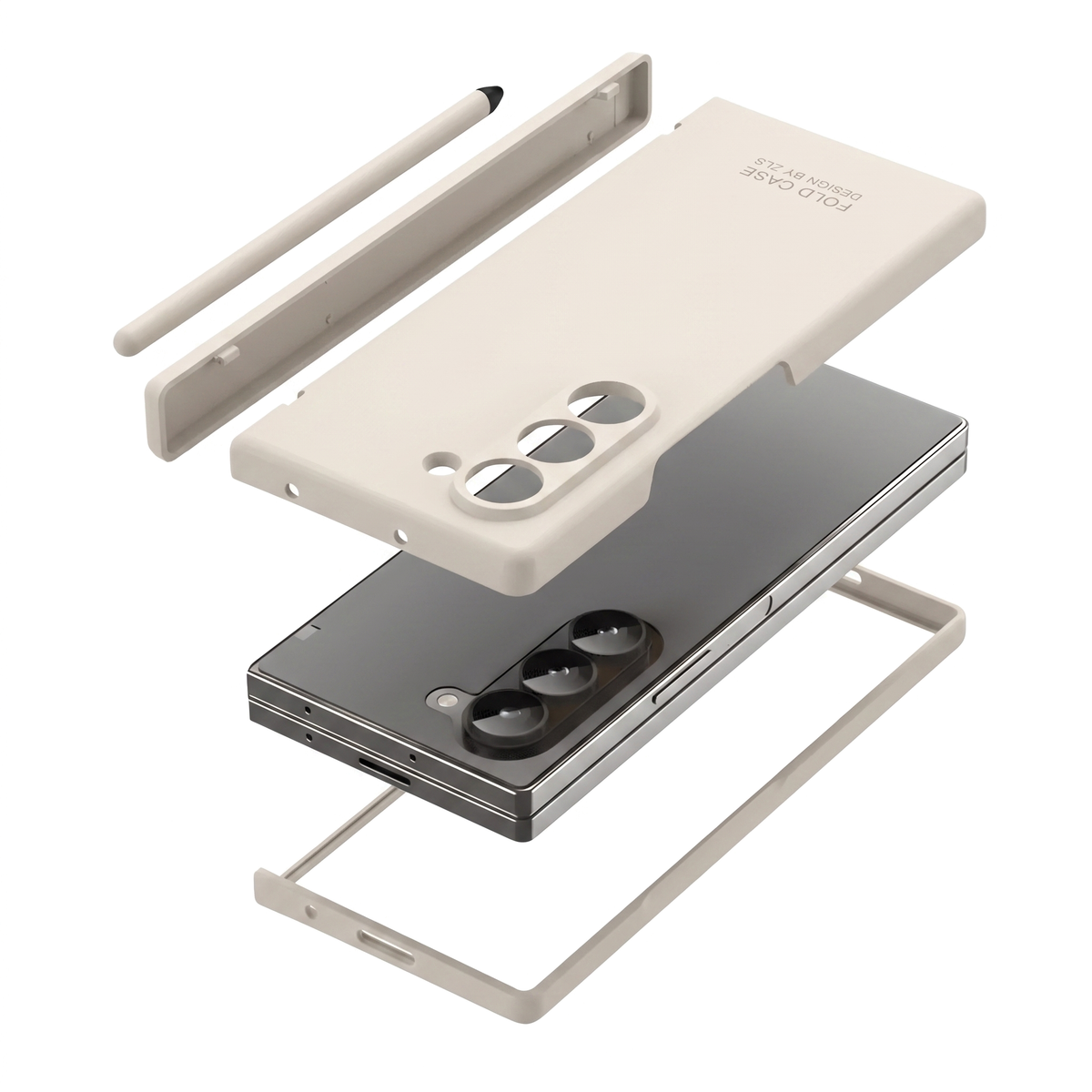 Kinetic P1 Cream Z Fold S-Pen hinge case - exploded view showing back shell, hinge cover with stylus and bumper frame