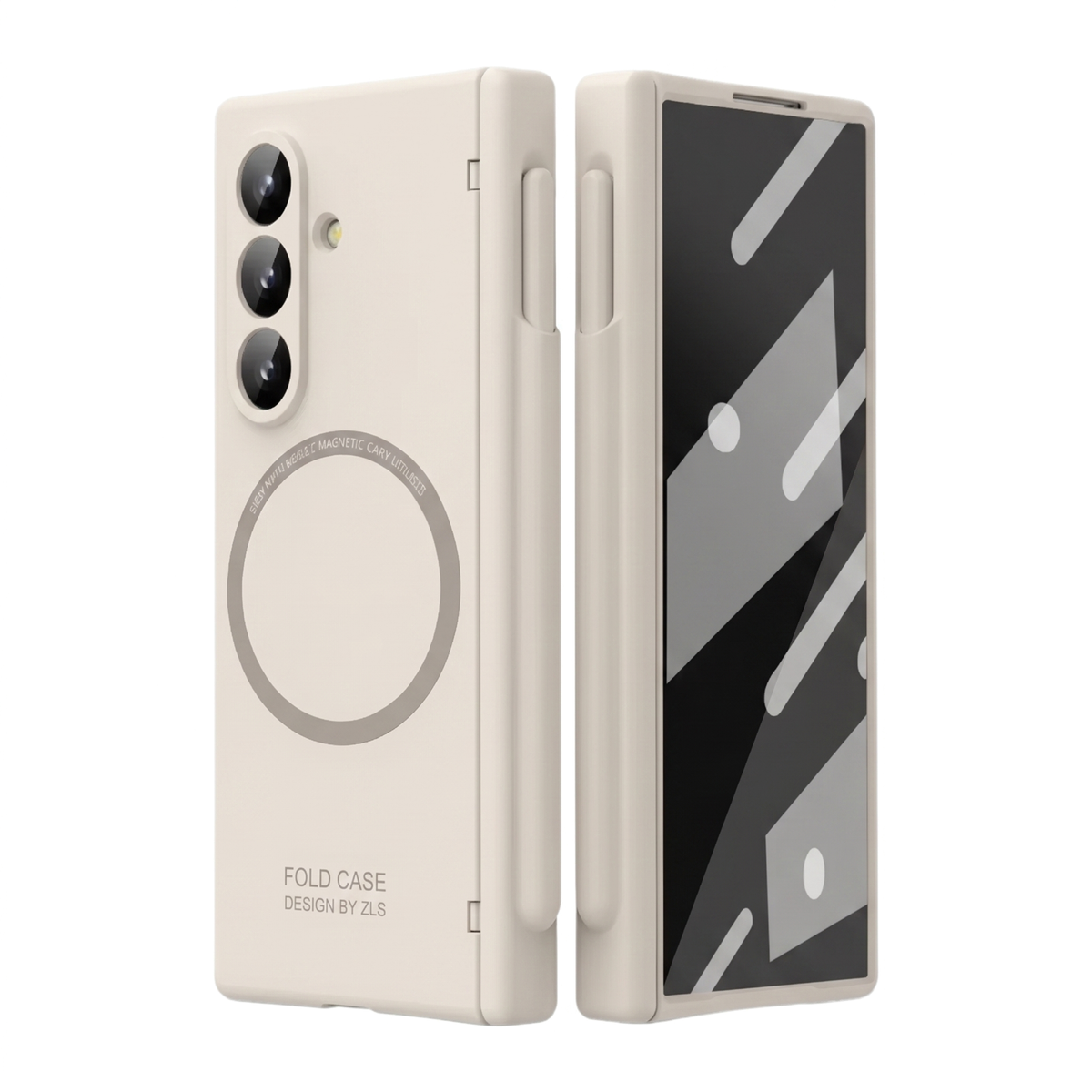 Kinetic P1 Cream Z Fold S-Pen hinge case - front and back of the folded case side by side with MagSafe ring and S-Pen holder