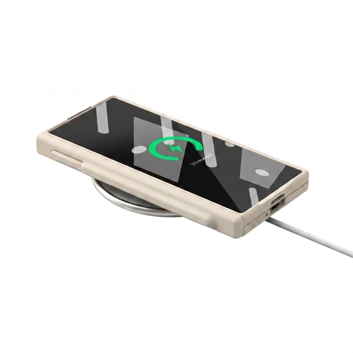 Kinetic P1 Cream Z Fold S-Pen hinge case - wireless charging on a Qi pad with the case on