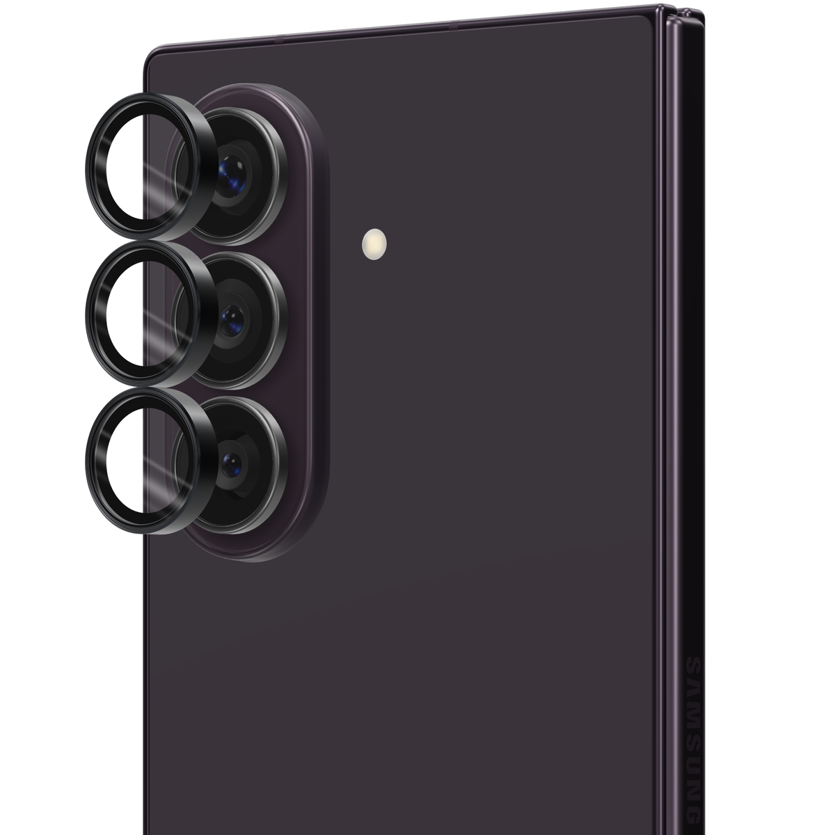 Black aviation aluminium tempered glass camera lens protector rings for Galaxy Z Fold 8 Ultra, shown floating straight out from the Galaxy Z Fold8 Ultra camera lenses
