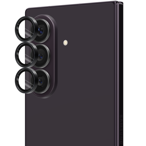 Black aviation aluminium tempered glass camera lens protector rings for Galaxy Z Fold 8 Ultra, shown floating straight out from the Galaxy Z Fold8 Ultra camera lenses