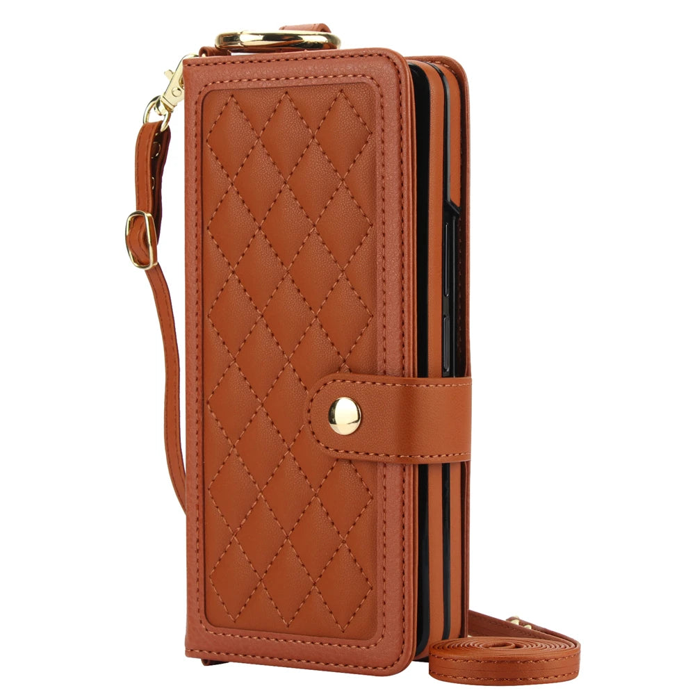 Brown quilted phone case with strap on a white background