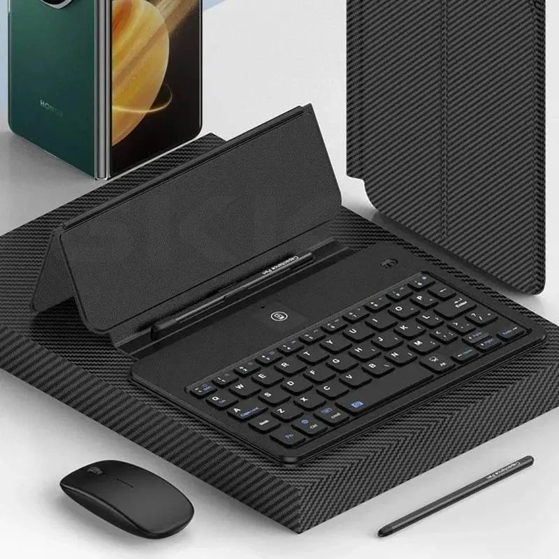 Black wireless keyboard with protective case, stylus pen, wireless mouse, and foldable stand on textured surface
