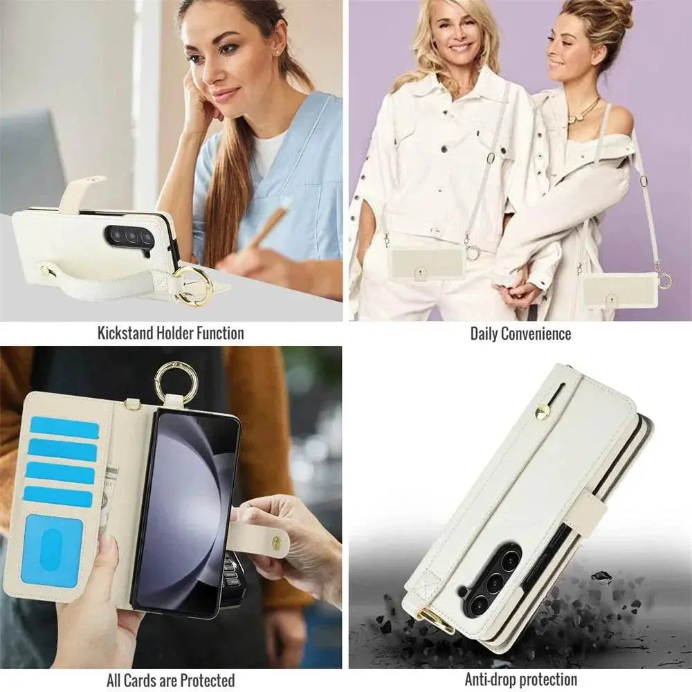 FoldifyCase foldable white phone case for Samsung Z Fold shown with kickstand, card slots, and strap, highlighting daily convenience and anti-drop protection.