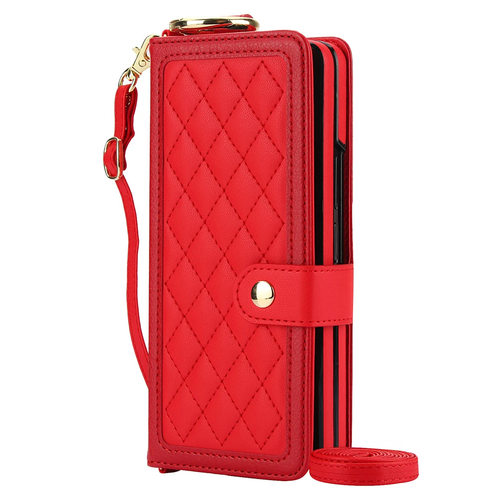 Red quilted phone case with strap on a white background