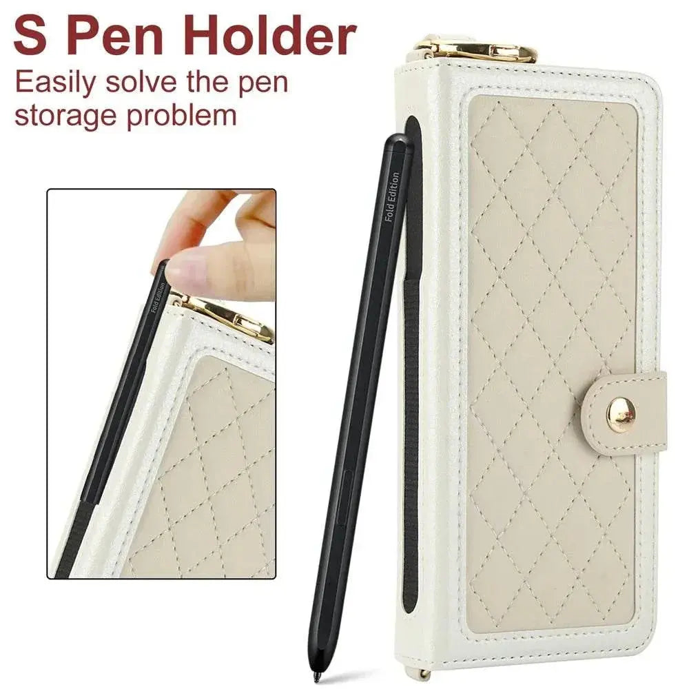 FoldifyCase quilted foldable phone case for Samsung Z Fold with S Pen holder, beige design