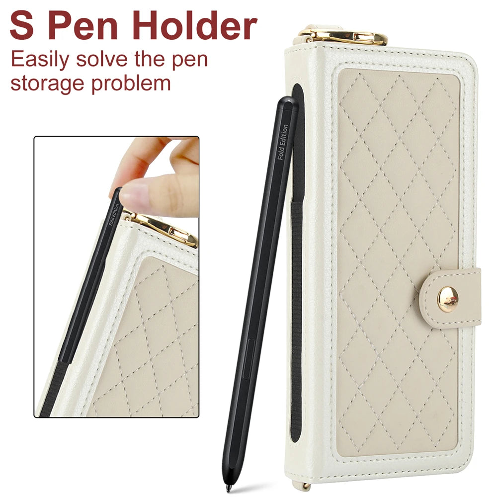Beige quilted phone case with S Pen holder and pen on a white background