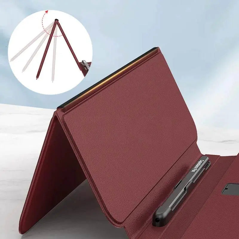 Adjustable maroon leather tablet stand case on white marble surface with close-up of angle adjustment