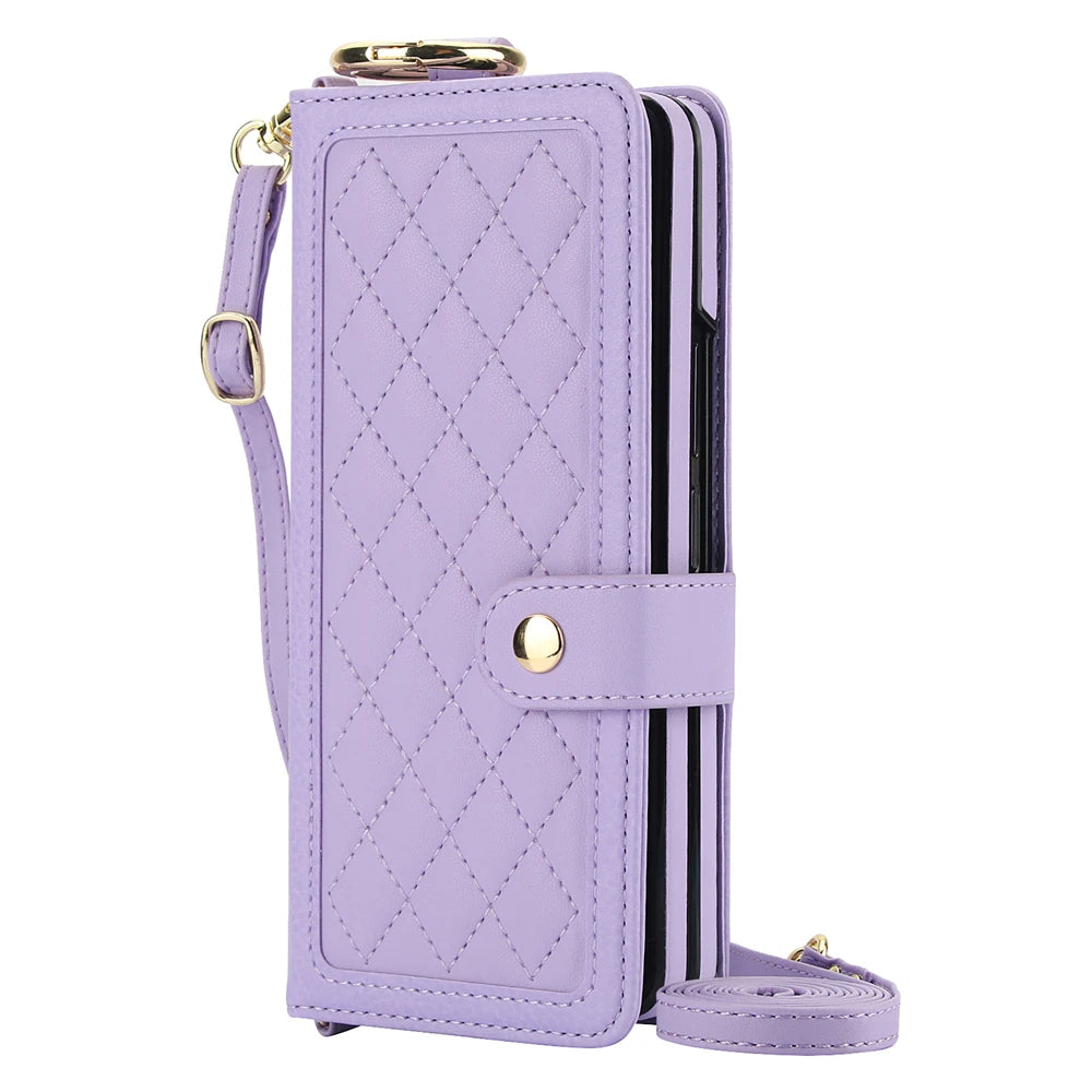 Purple quilted phone wallet with strap on a white background