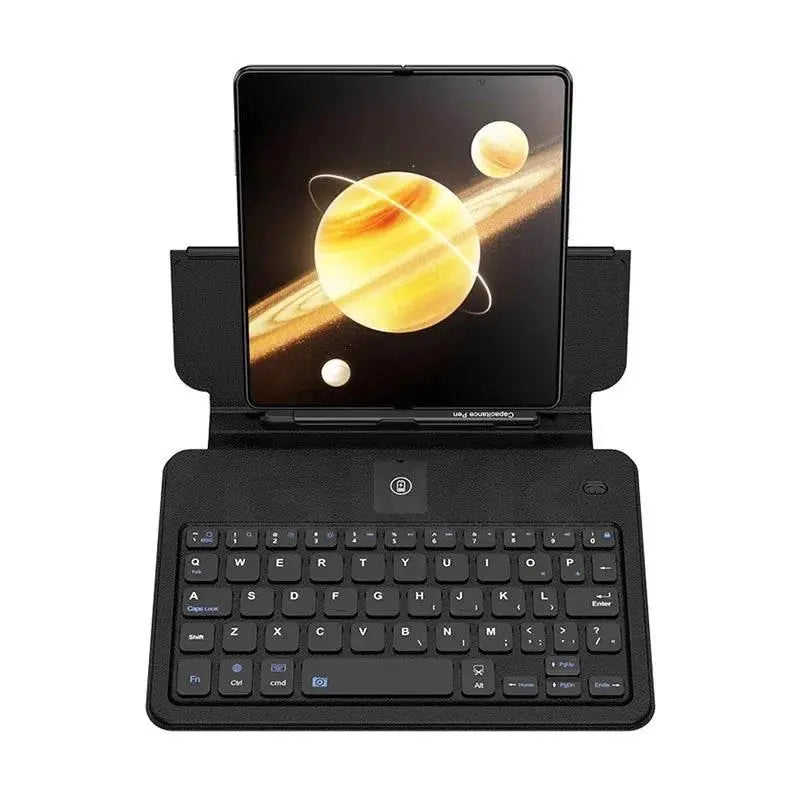 Tablet with space-themed wallpaper in a black folio case connected to a compact Bluetooth keyboard