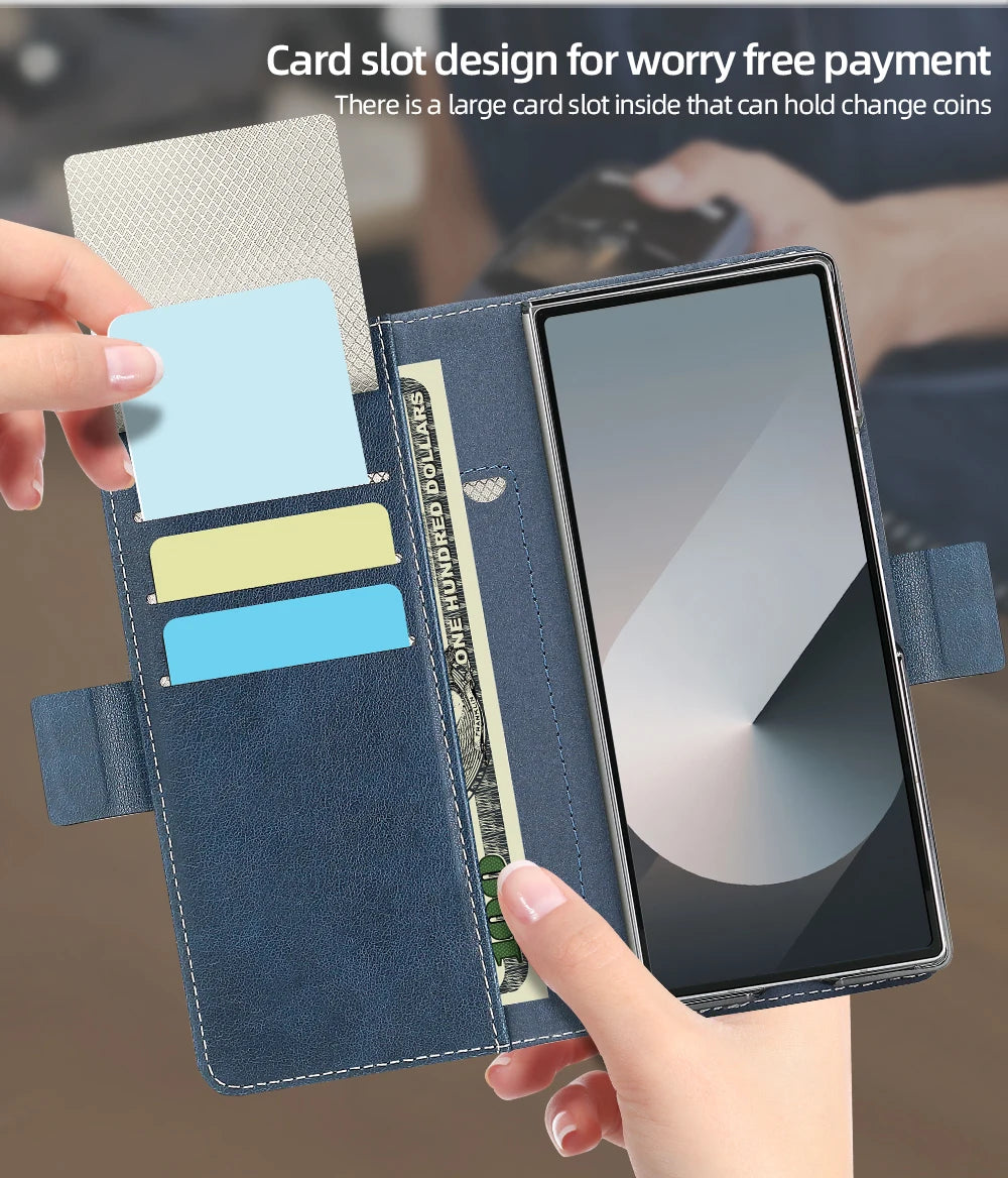 Blue phone wallet with card slots and cash compartment, held by a hand.