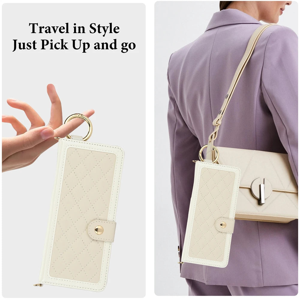 Beige crossbody bag with phone pocket held by a hand and worn by a person in a suit.