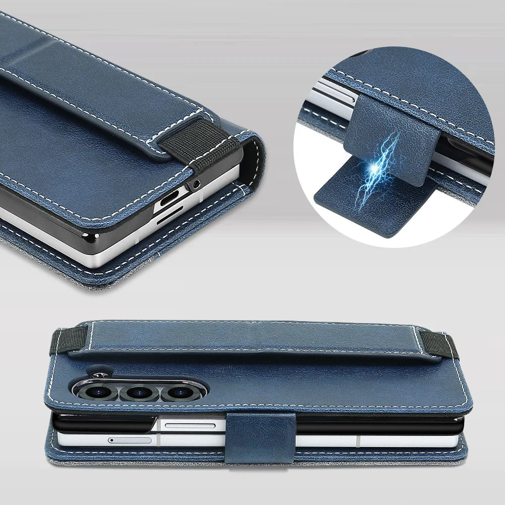Blue phone case with detailed view of stitching and card slots on a gray background