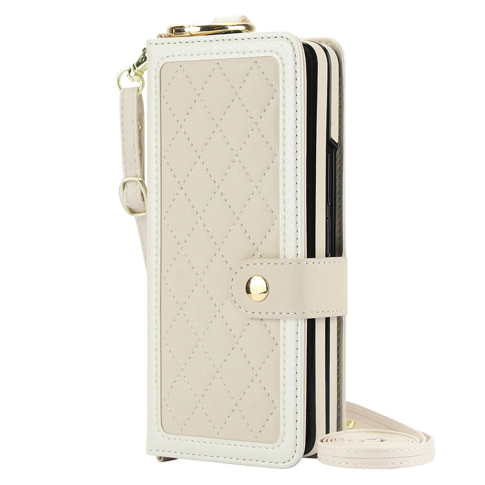 Quilted beige phone case with strap on a white background