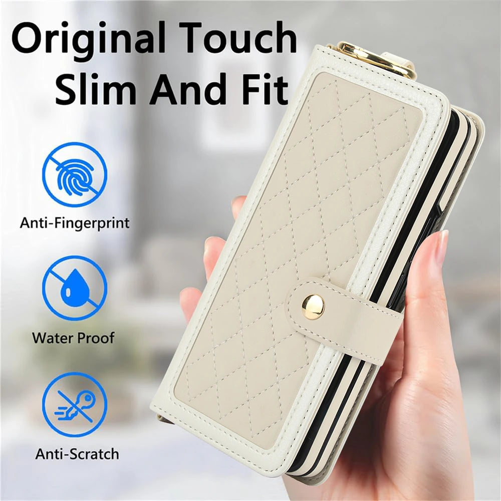 Beige phone case held by a hand with features highlighted on a blurred background