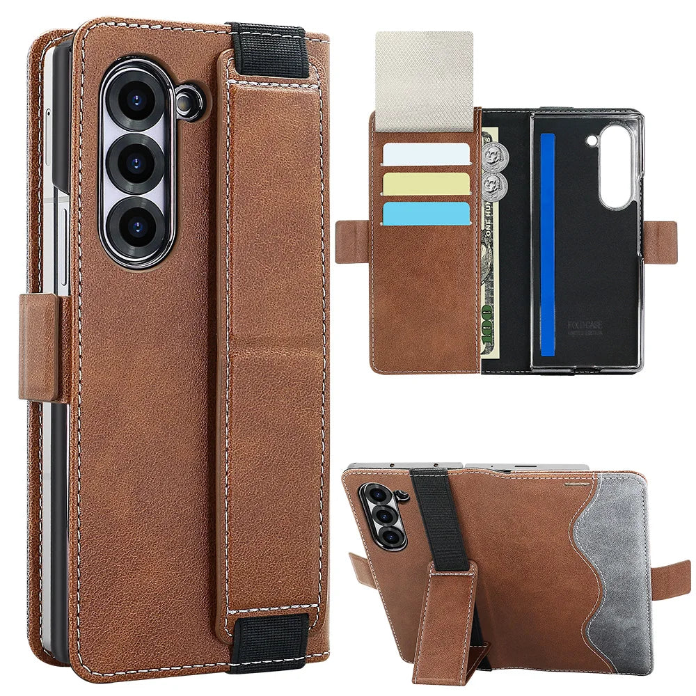 Brown phone case with card slots and stand feature on a white background