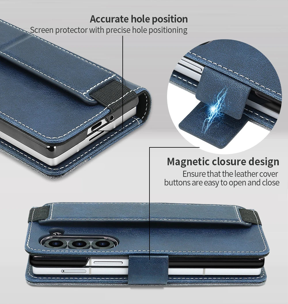 Blue phone case with magnetic closure design and screen protector features on a gray background