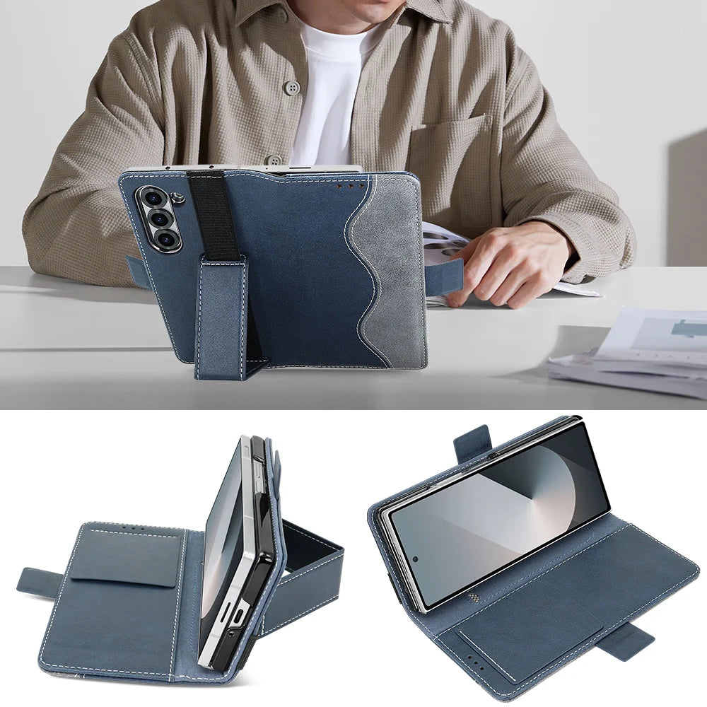 Person using a blue phone case with a stand feature, shown from multiple angles.
