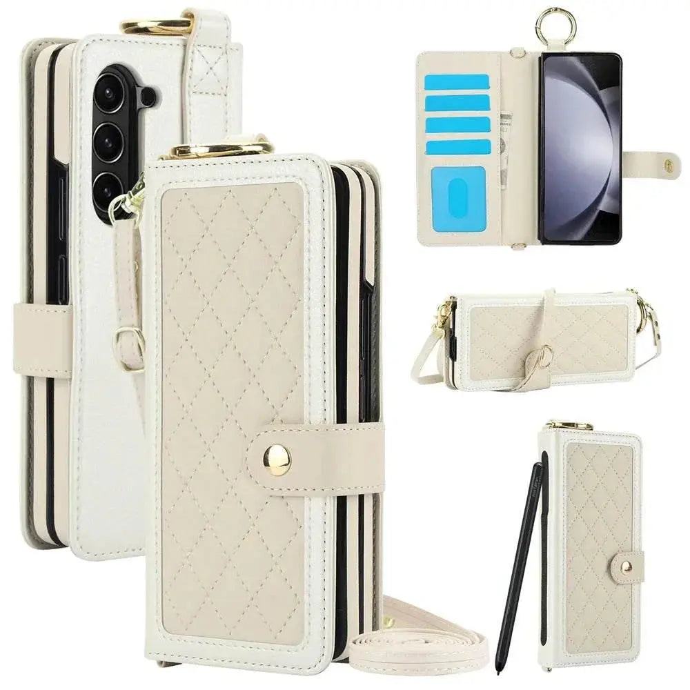 FoldifyCase beige quilted foldable phone wallet case for Samsung Z Fold, card slots and strap