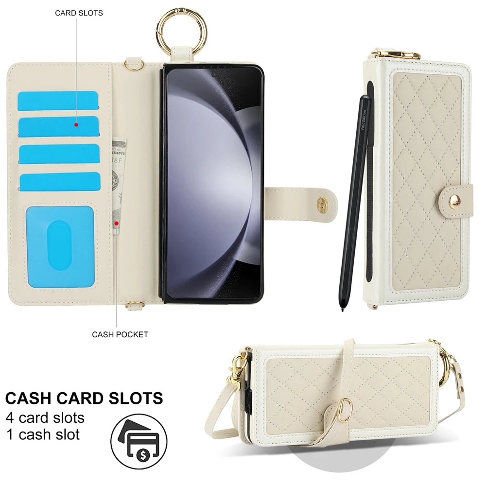 White phone case with card slots and cash pocket on a white background