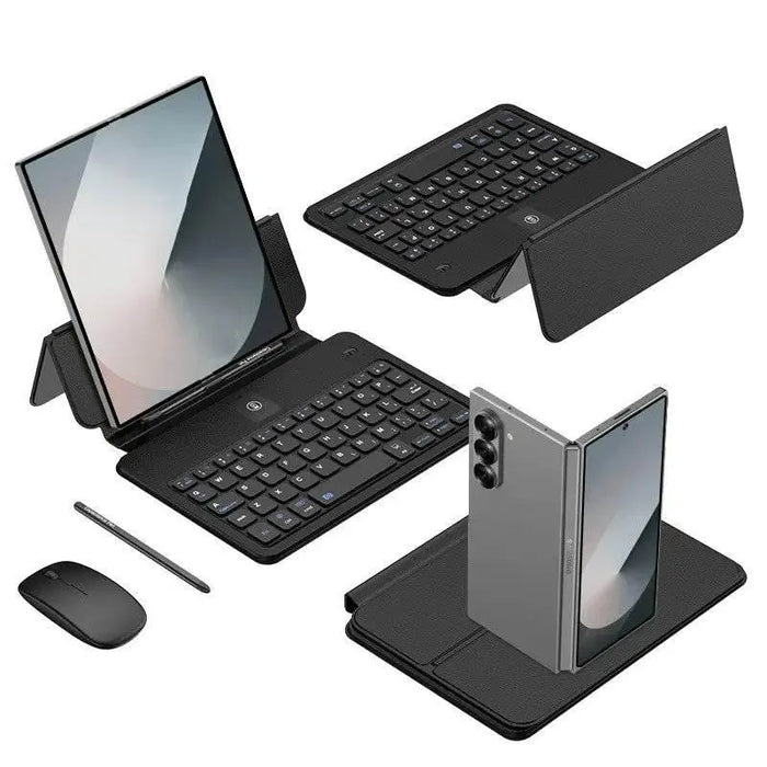 Black foldable keyboard case with tablet holder, wireless mouse, stylus, and foldable smartphone in black protective cover