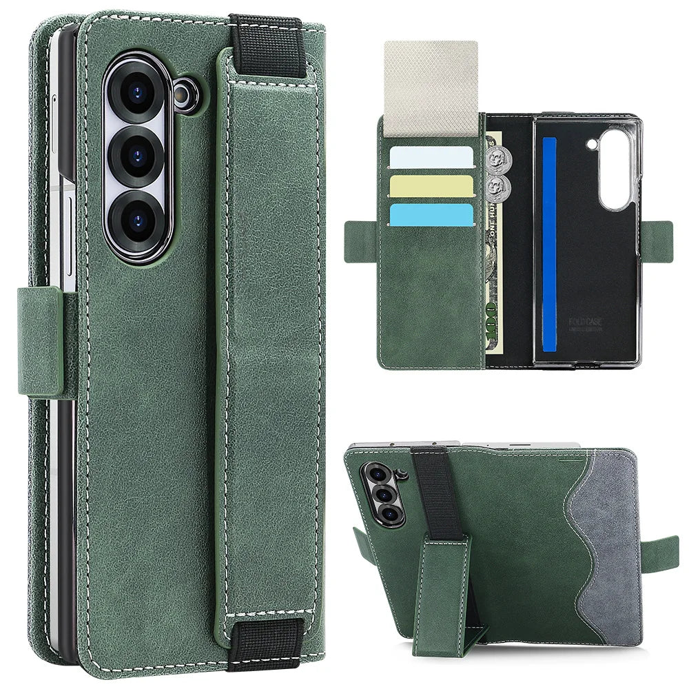 Green phone case with card slots and stand feature on a white background