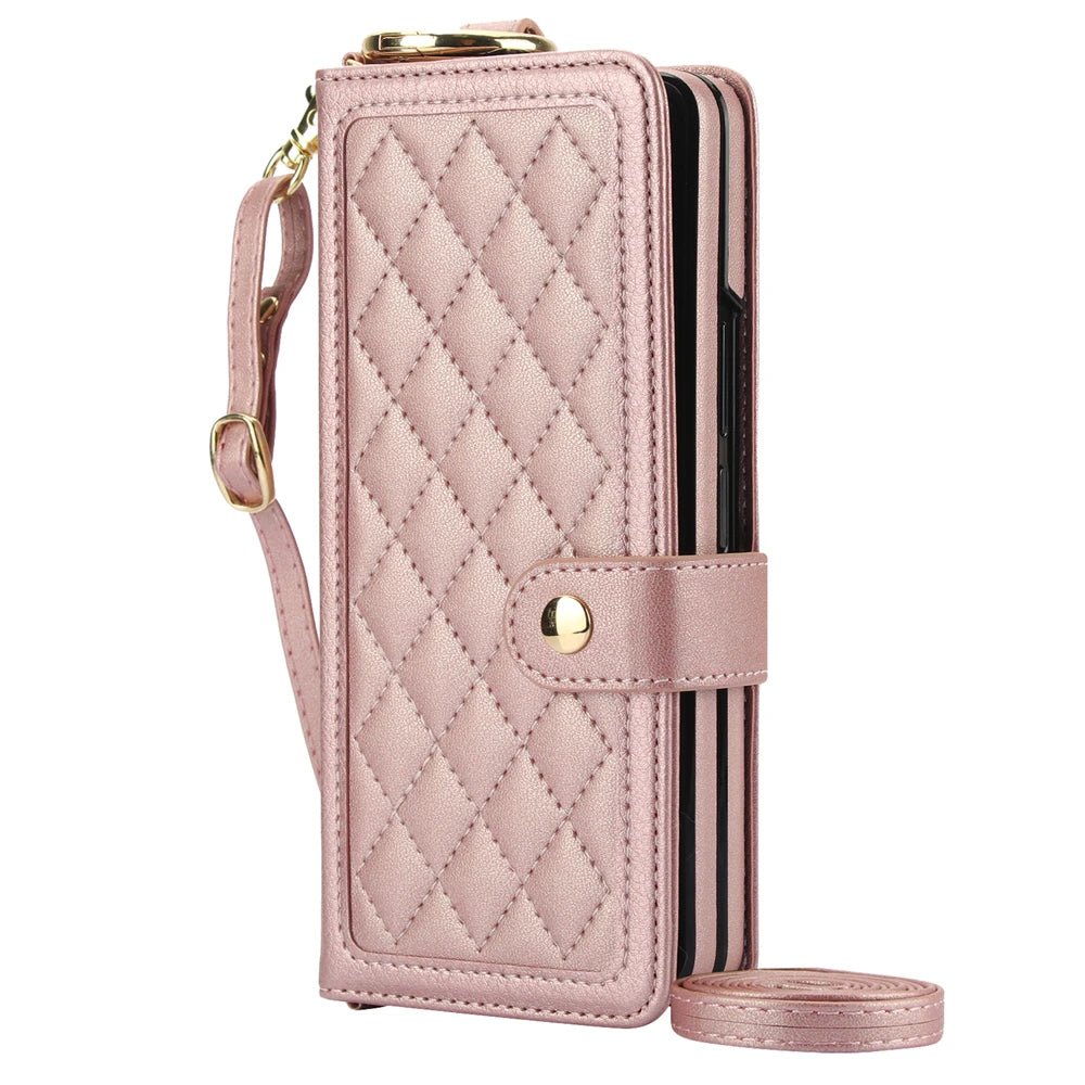 Quilted pink phone case with strap on a white background