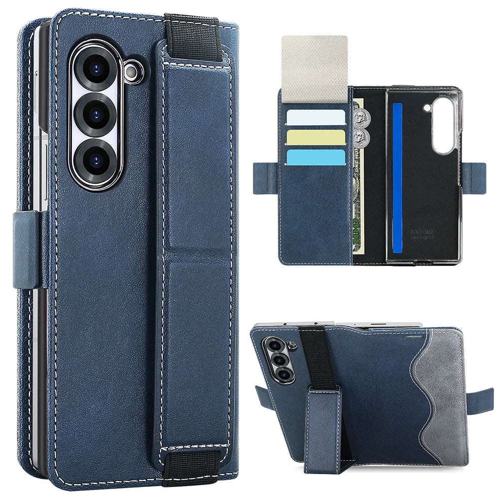 Blue phone case with card slots and stand feature on a white background