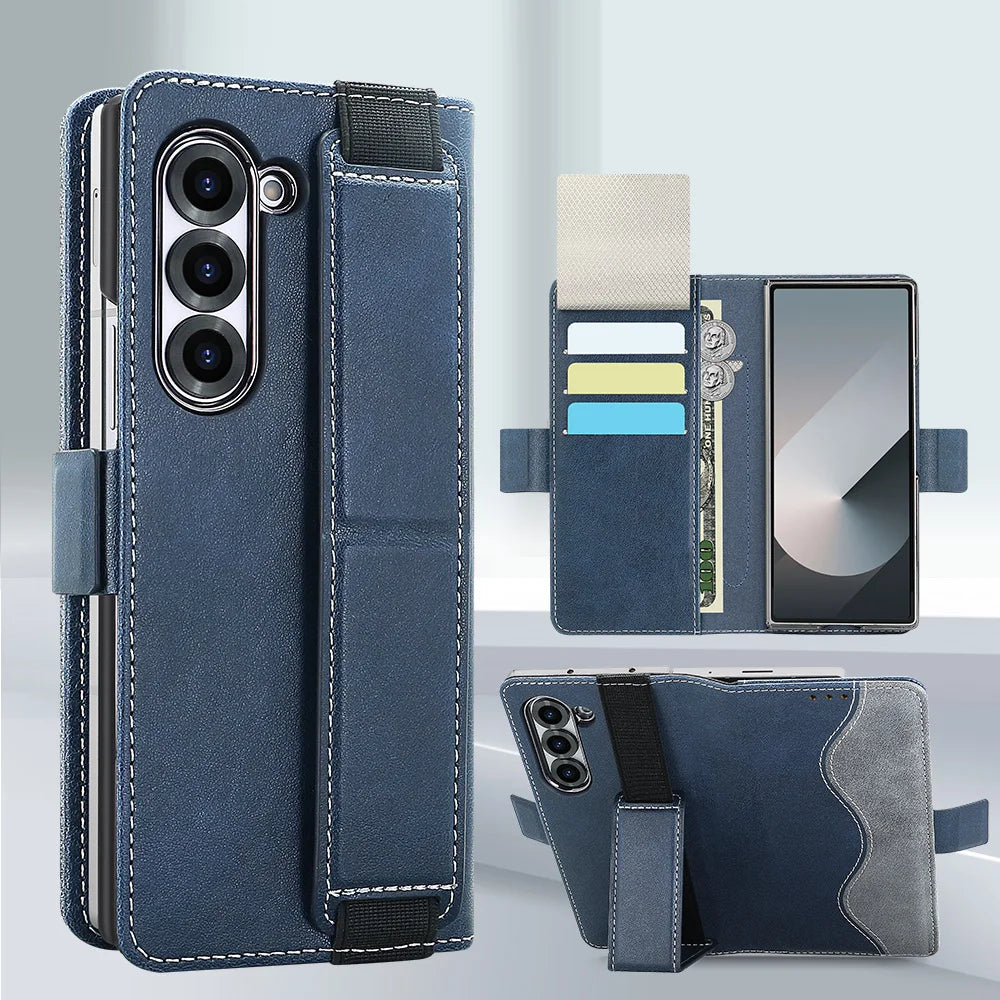 Blue phone case with multiple compartments on a light gray background